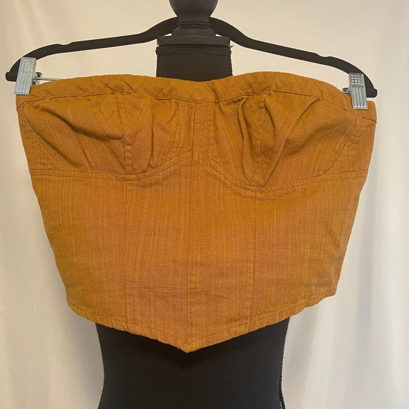 Free People mustard gold halter tube top scrunch cinch back - Picture 1 of 4